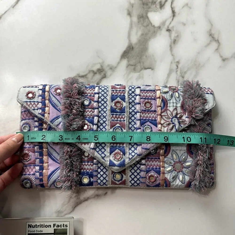 Chico's Boho Fringe Embroidered Purple Blue Multicolor Evening Party Clutch NWT